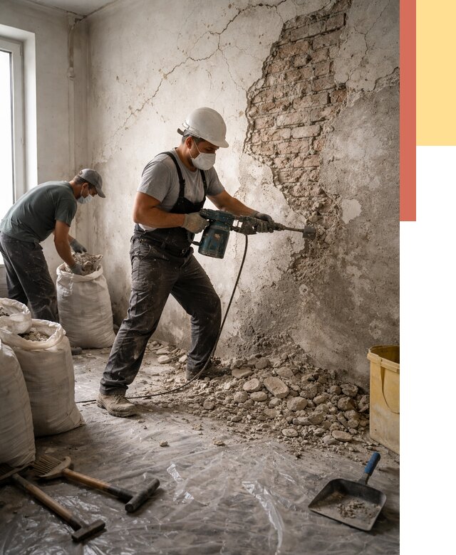 Демонтаж штукатурки со стен в Подольске от 7501 руб/м² — быстро и недорого | ОТДЕЛОЧНИК-Пдл