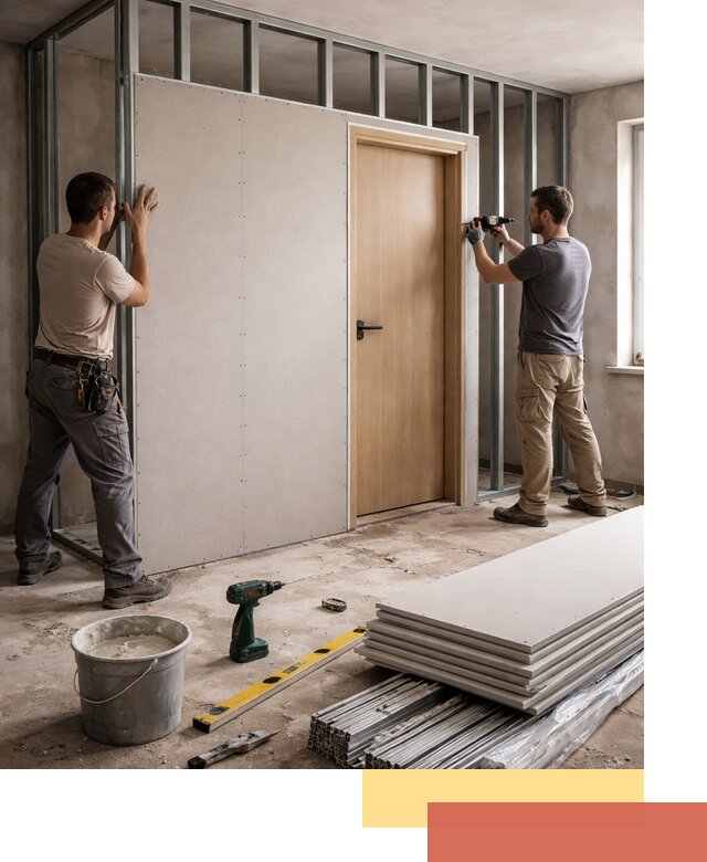 Перегородка из гипсокартона с дверью под ключ в Подольске