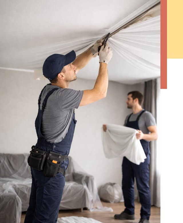 Демонтаж натяжного потолка в Подольске от 4688 руб. — снятие и разбор под ключ | ОТДЕЛОЧНИК-Пдл