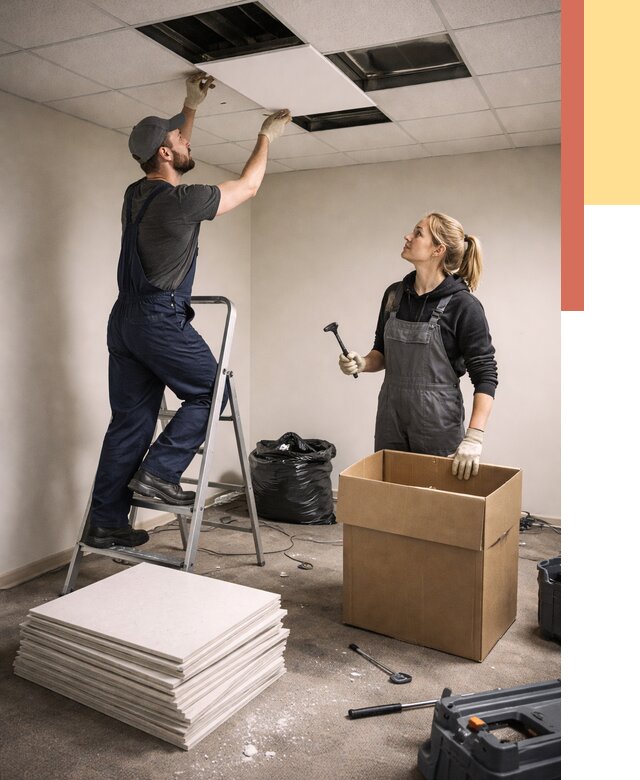 Демонтаж потолочной плитки в Подольске от 4688 руб. быстро и недорого | ОТДЕЛОЧНИК-Пдл