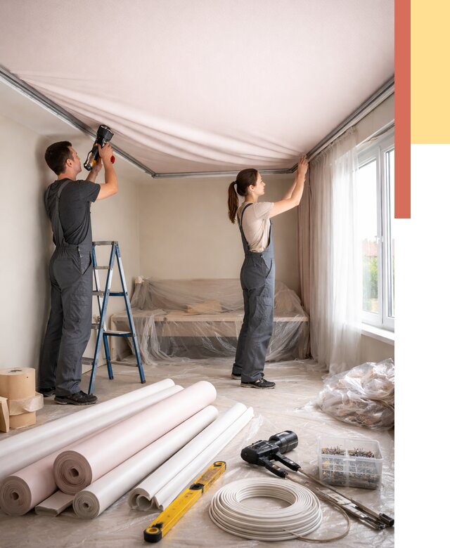 Монтаж цветного натяжного потолка в Подольске от 4376 руб/м² — быстро и недорого | ОТДЕЛОЧНИК-Пдл