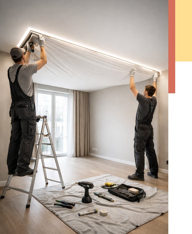 Монтаж парящего натяжного потолка в Подольске от 4688 руб. быстро и недорого | ОТДЕЛОЧНИК-Пдл