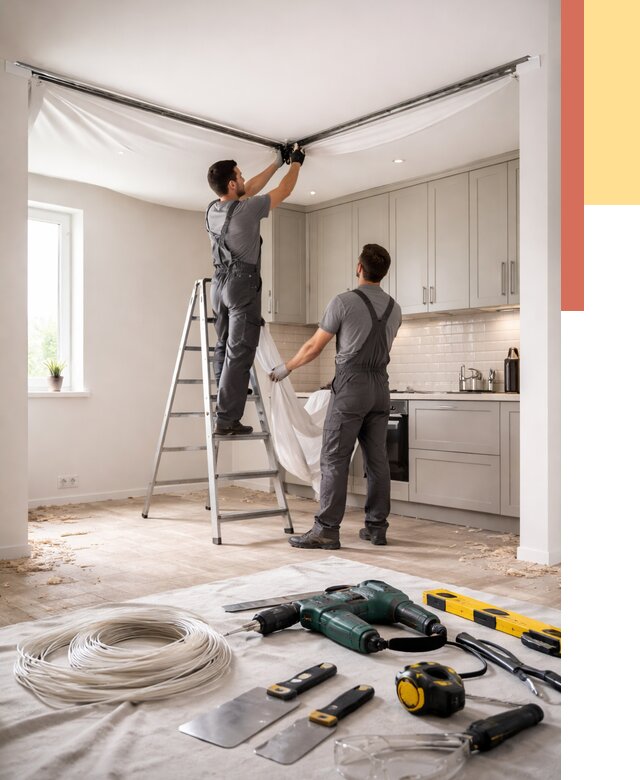 Установка натяжного потолка на кухне в Подольске от 2500 руб. | ОТДЕЛОЧНИК-Пдл