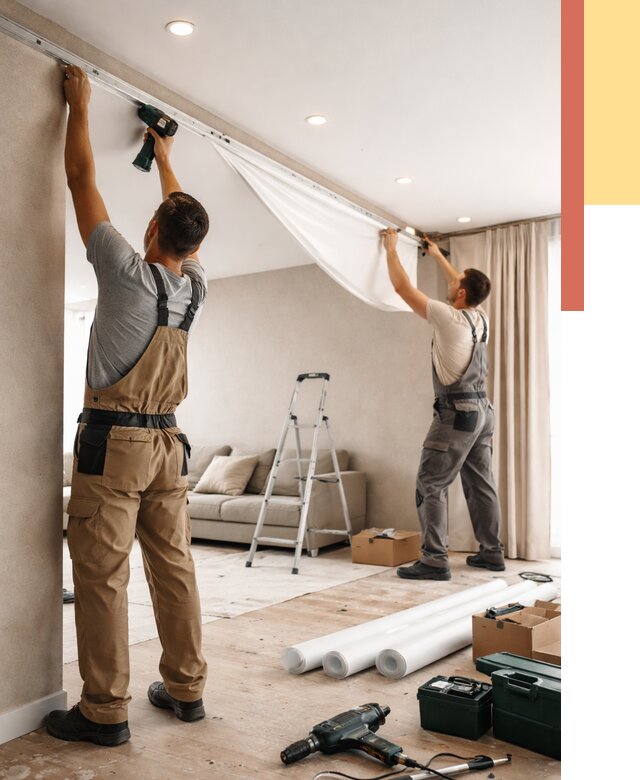 Монтаж натяжного потолка в гостиной в Подольске от 573 руб. | ОТДЕЛОЧНИК-Пдл