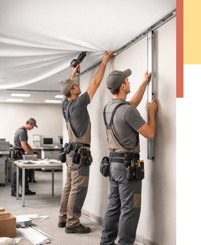 Монтаж натяжного потолка в офисе в Подольске от 469 руб/м² — быстро и недорого | ОТДЕЛОЧНИК-Пдл