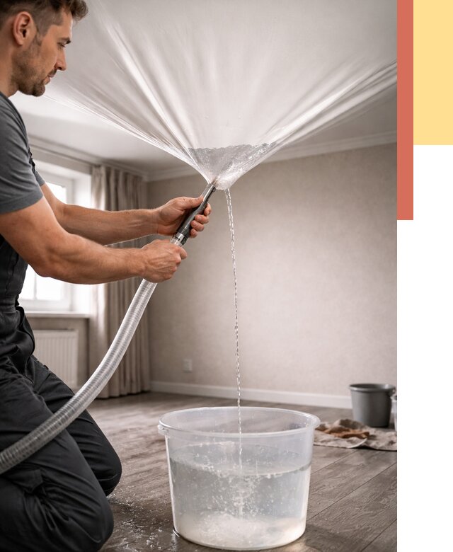 Слив воды с натяжного потолка в Подольске от 2605 руб. быстро и недорого | ОТДЕЛОЧНИК-Пдл