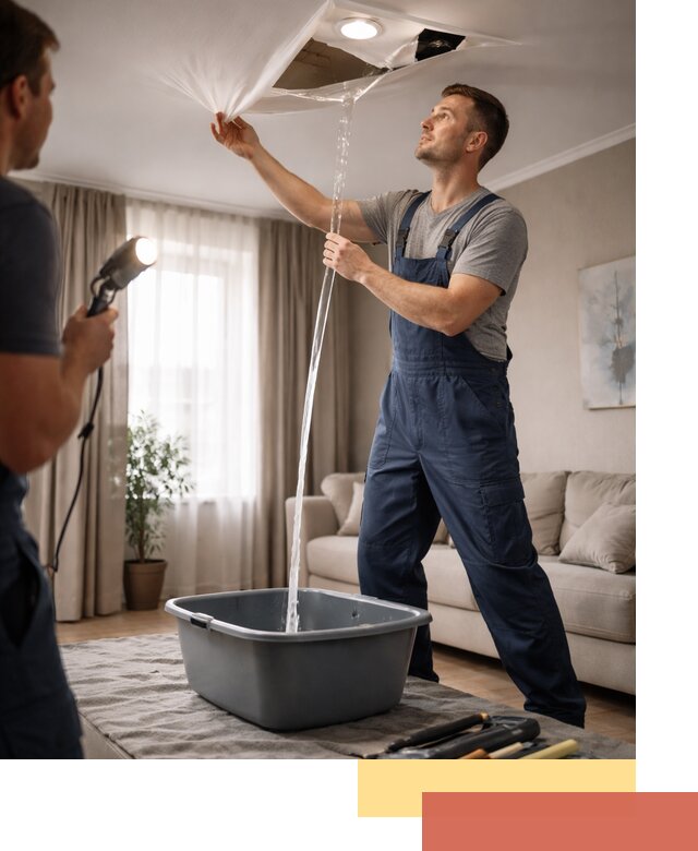 Слив воды с натяжного потолка в Подольске быстро и аккуратно