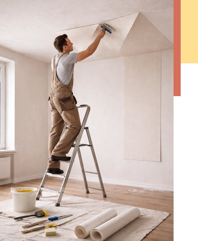 Поклейка обоев на потолок в Подольске от 4688 руб. быстро и недорого | ОТДЕЛОЧНИК-Пдл